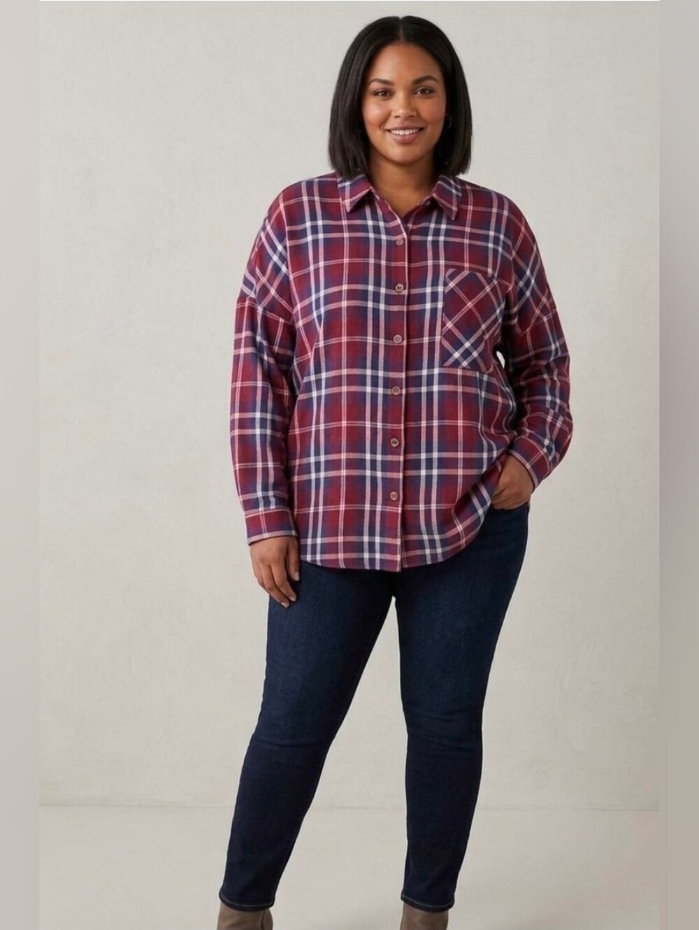 Women's Maroon Plaid Button-Down Shirt